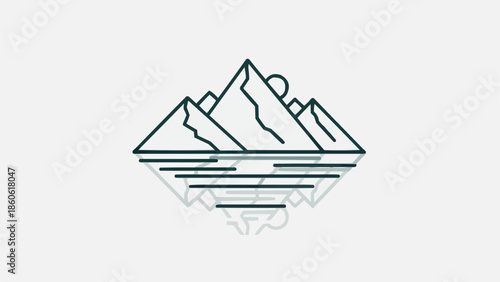 Minimalist mountain range reflected in water with sun.