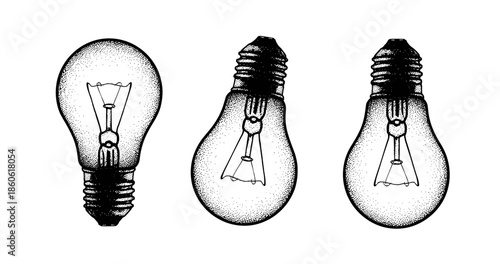Vintage style ink illustration of three light bulbs with detailed filaments on white background