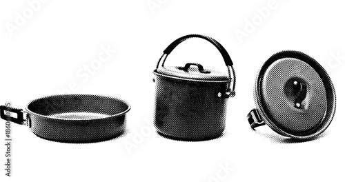 Black and white halftone cookware set: pan, pot, and lid