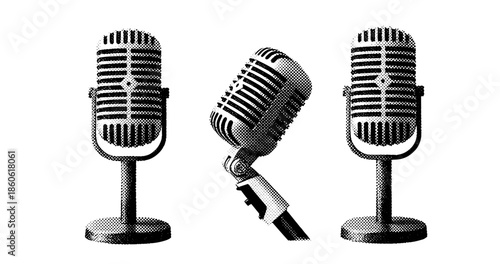 Retro microphones set: classic vintage design collection in black and white