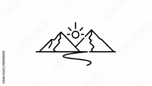 Minimalist mountain range with sun and river line art.