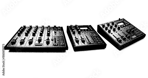 Analog sound mixers: classic audio equipment with dials and knobs