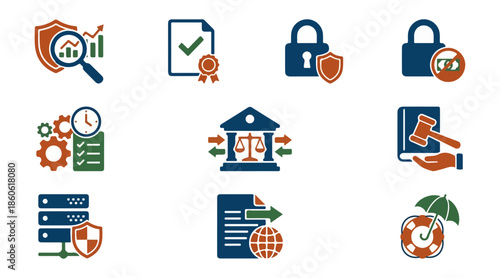 Set of various security and protection icons on black background