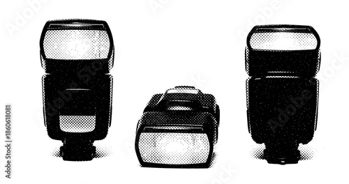 Set of three external camera flashes in black and white halftone style