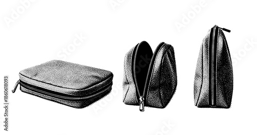 Set of three textured zip pouches in various shapes on white background