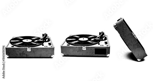Retro portable record player set with vinyl records in halftone style