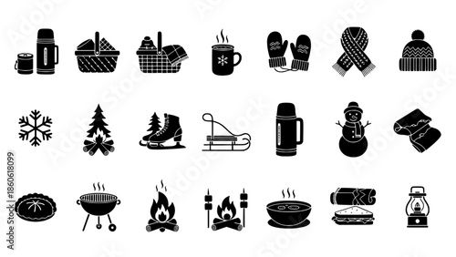 Cozy Winter Comforts and Outdoor Adventures Essential Icon Set for Cold Season Activities