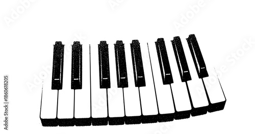 Curved piano keyboard with black and white keys in abstract design