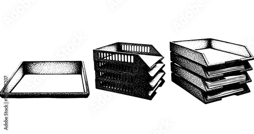 Three office document trays in high-contrast black and white design