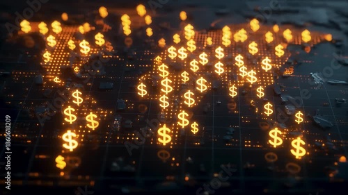 Glowing dollar signs on a digital world map animation, Digital map with glowing dollar signs scattered across it