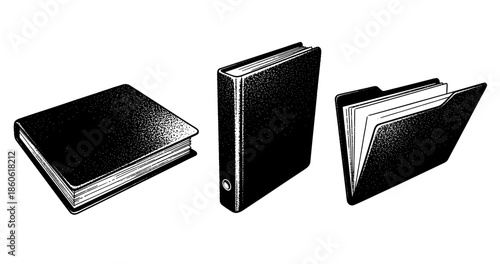 Black and white illustration of closed, upright, and open book styles