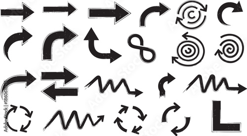 Collection of black arrows and swirling icons on white background