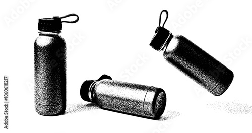 Monochrome metal water bottles on white background