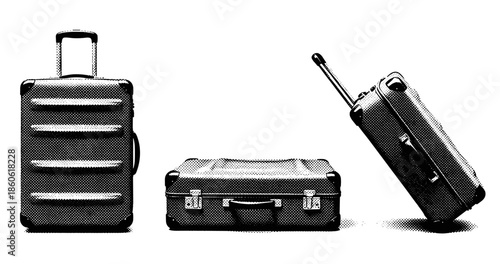 Three travel suitcases in different positions