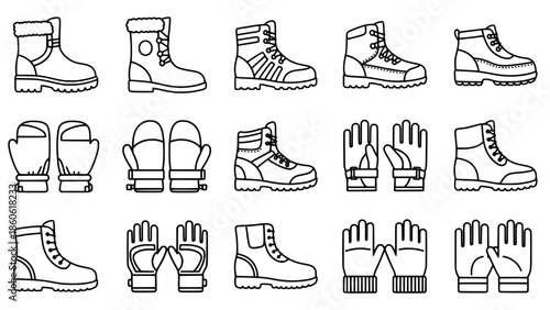 Collection of Footwear and Handwear Icons Boots, Shoes, and Gloves for Various Activities