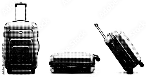 Set of three rolling suitcases in various positions and sizes