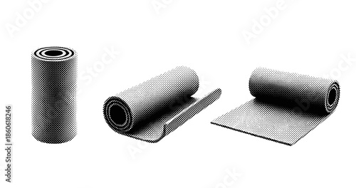 Black and white halftone rolled and unrolled textured paper sheets