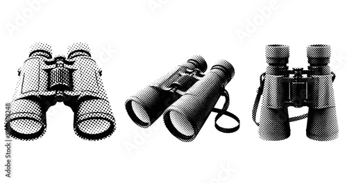 Set of three halftone binoculars illustrations in black and white