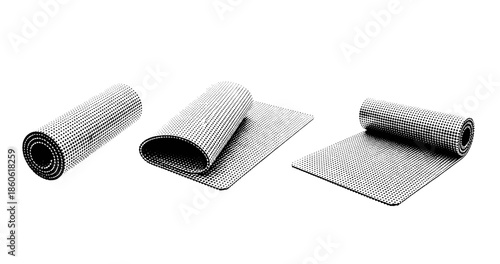 Three rolled yoga mats in various positions on a white background