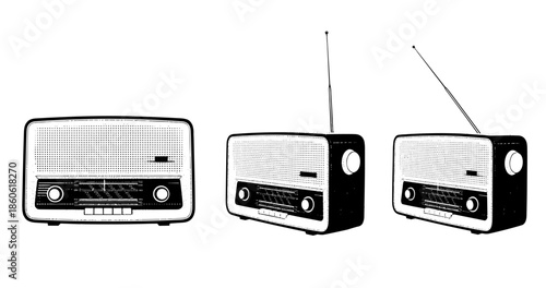 Vintage retro radios with antennas in black and white illustration
