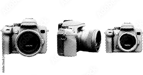 Retro pop art style cameras trio: front and side views