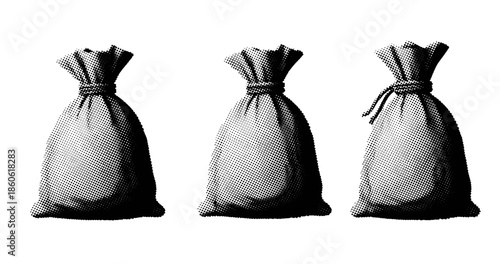 Three grayscale money bags with dot pattern on white background