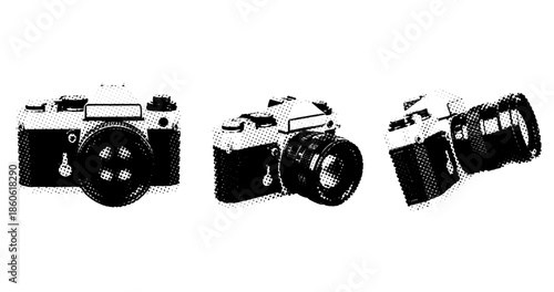 Vintage cameras in halftone style: retro aesthetic and photography equipment