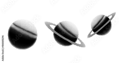 Halftone planetary illustrations featuring diverse celestial bodies