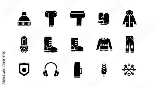 Modern Winter Attire and Cold Weather Gear Icon Collection for Graphic Design Assets