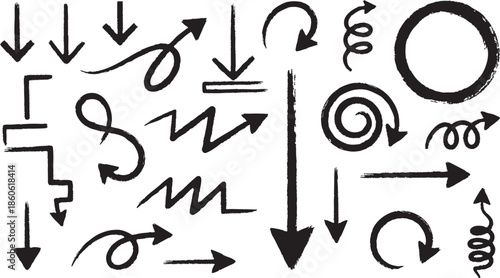 Collection of various arrows and swirling line symbols