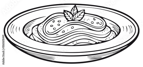 Stylized Illustration of a Pasta Dish with Basil Garnish on a Plate