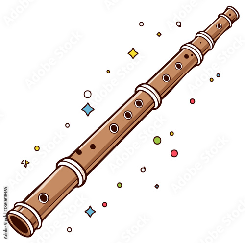 Wooden recorder flute with colorful sparkling stars and circles for music and melody