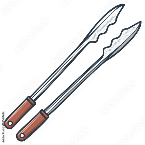 Pair of cooking tongs utensil illustration, stainless steel kitchen tool, food serving equipment, grip