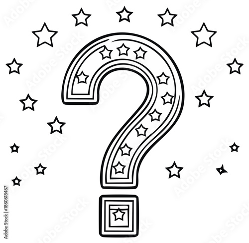 Stylized question mark outline filled with stars surrounded by more stars, coloring page illustration