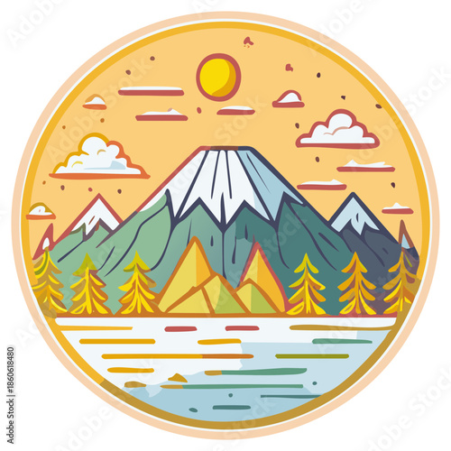 Stylized mountain landscape with sun and water in a circular frame