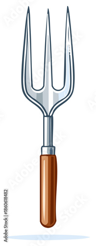 Illustration of a three-pronged garden fork with a wooden handle