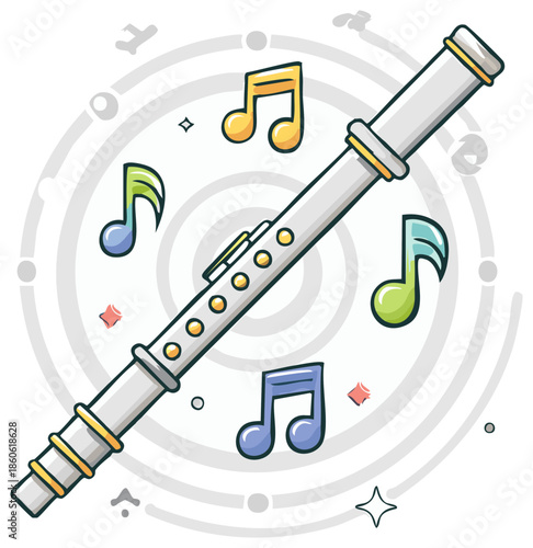 Playful cartoon illustration of a silver flute with colorful musical notes