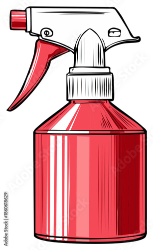 Red spray bottle illustration, sanitation, cleaning, hygiene, care tool vector artwork