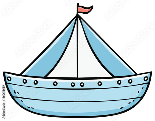 Cartoon drawing of a small blue and white sailboat with a red flag atop the mast illustration