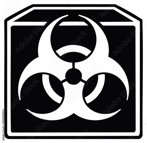 Black square, white biohazard symbol, warning sign, infectious risk, potentially dangerous, biohazard hazard symbol, medical danger