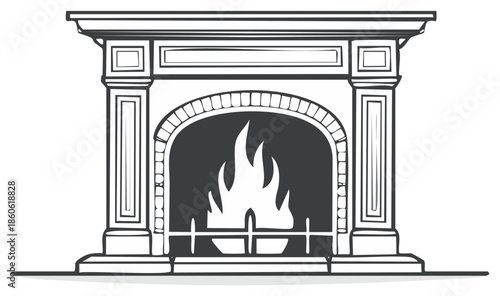 Classic fireplace with burning fire illustration line art