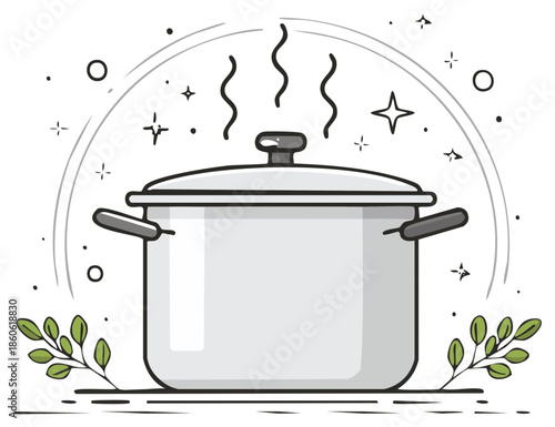 Simmering silver cooking pot with rising steam and garnish of leafy green sprigs icon graphic design
