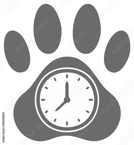 Pet Time Clock Concept. Paw print with clock face for animal care and veterinary