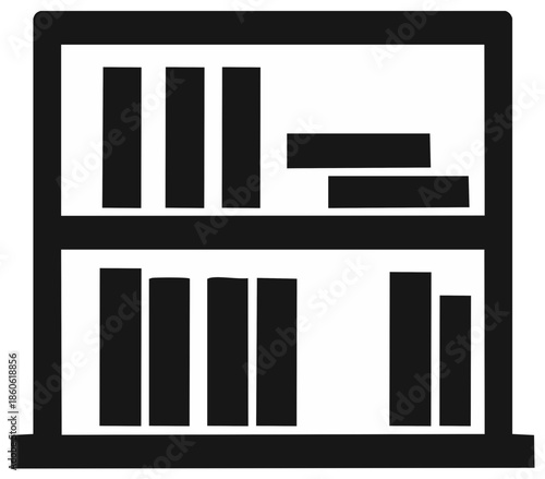 Simple monochrome icon of a library bookshelf containing books and shelves