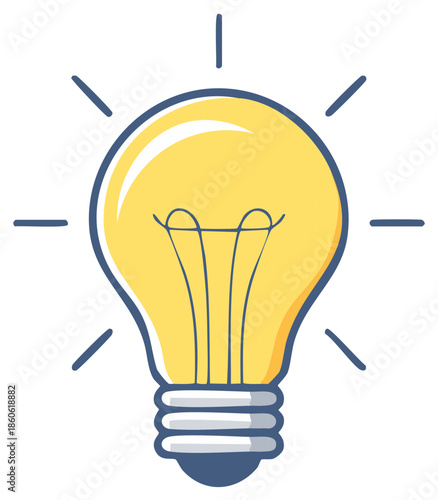 Glowing yellow light bulb cartoon illustration symbolizing a bright idea, creativity, and innovation