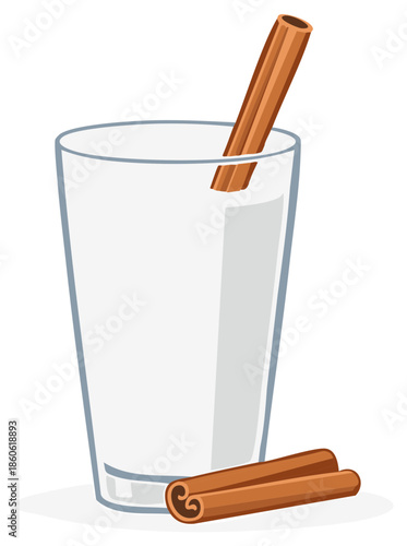 Glass of milk with cinnamon sticks, illustration.