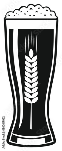 Stylized black and white vector icon of a pilsner glass of beer with a wheat stalk