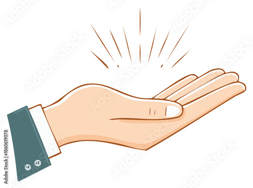 Cartoon illustration of a hand outstretched, with rays emanating from above.