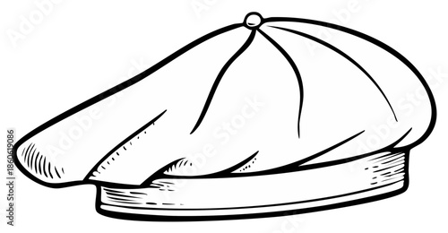 Line art illustration of a newsboy cap. Vintage fashion accessory, classic headwear in detailed black and white sketch style.