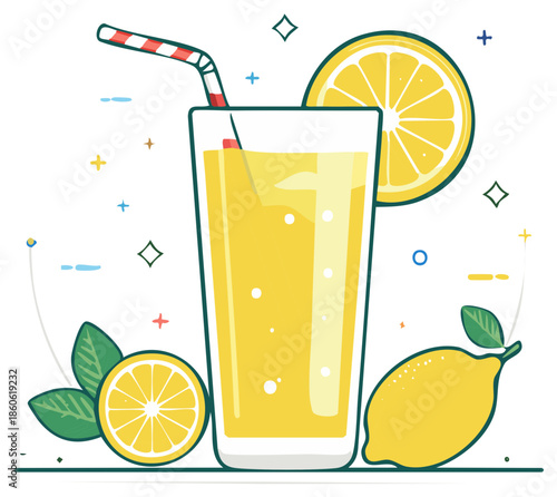 Refreshing Lemonade Illustration with Lemon Slice and Straw, Summer Drink Graphic